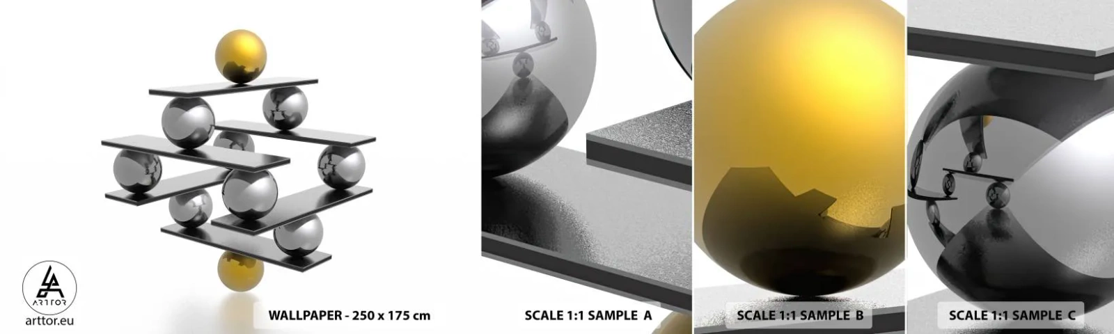 Fotótapéta Minta Standard Eco - Arany-ezüst egyensúly - Absztrakció, Fém golyók, 3D - 100x30 cm