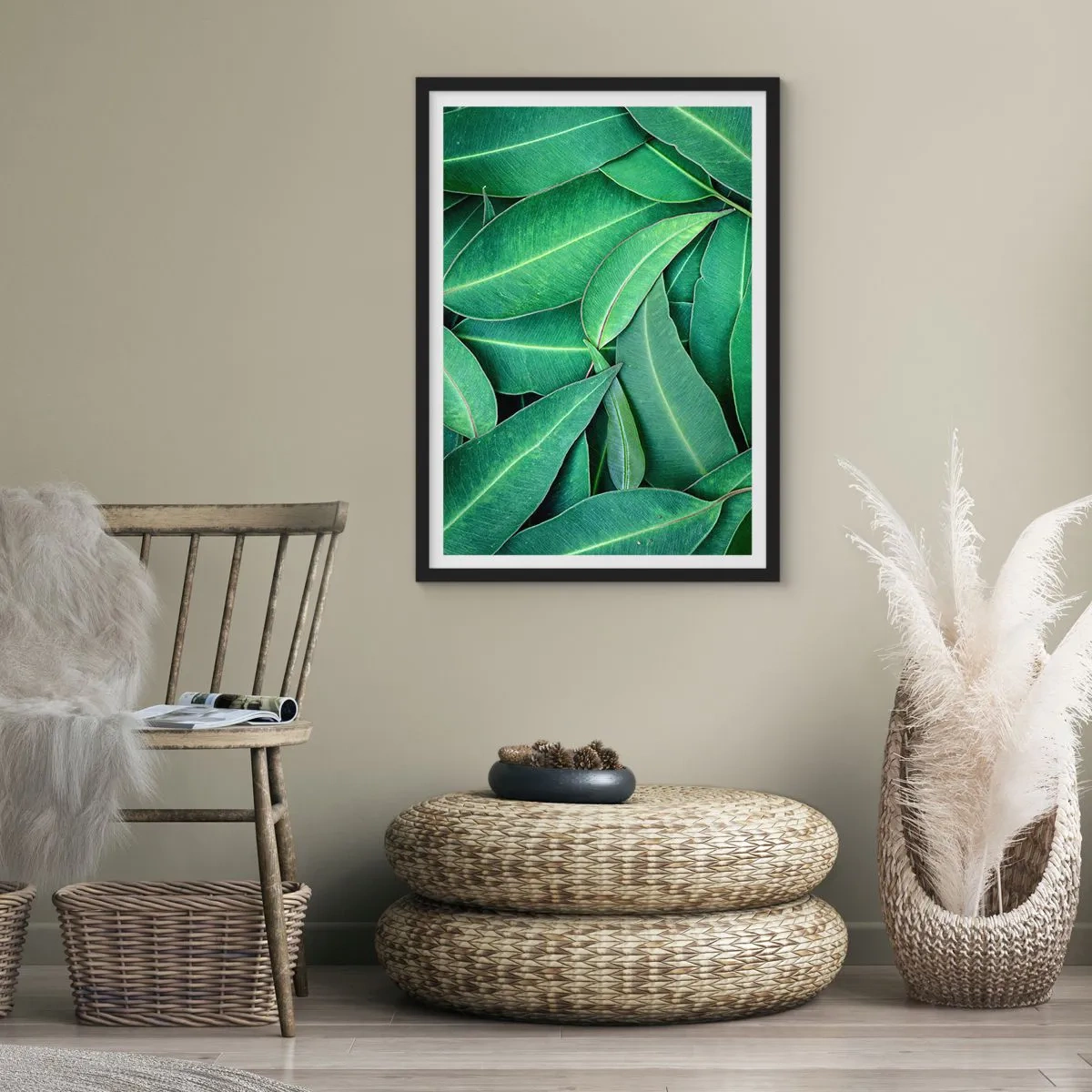 Poszter fehér keretben - Sűrű kompozícióban elrendezett zöld levelek - 50x70cm - Lédús és friss - Modern fali dekoráció nappalihoz és hálószobához ARTTOR