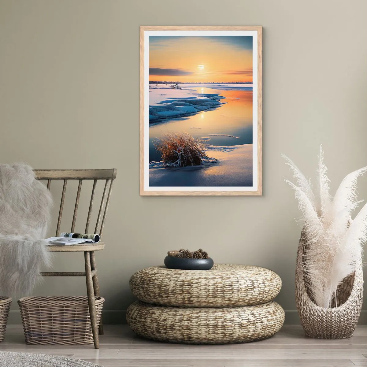 Poszter világos tölgy keretben - Téli naplemente - 61x91 cm