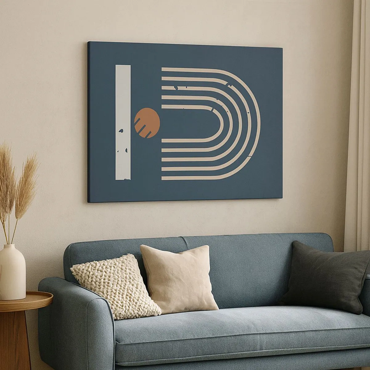 Vászonkép - Geometrikus minta sötétkék, bézs és narancssárga árnyalatokban sötét háttéren - 70x50cm - Geometria sötétkék háttéren - Modern fali dekoráció nappalihoz és hálószobához ARTTOR