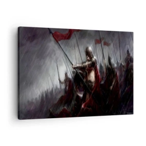 Vászonkép - Lovagok vonulnak a csatatérre az esőben - 70x50cm - Járókelő, mondd el a Spartának... - Modern fali dekoráció nappalihoz és hálószobához ARTTOR
