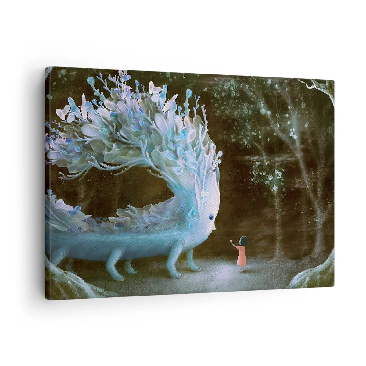 Vászonkép - Egy lány alakja, aki egy fantasztikus lénnyel néz szembe - 70x50cm - Fantasztikus találkozás - Modern fali dekoráció nappalihoz és hálószobához ARTTOR