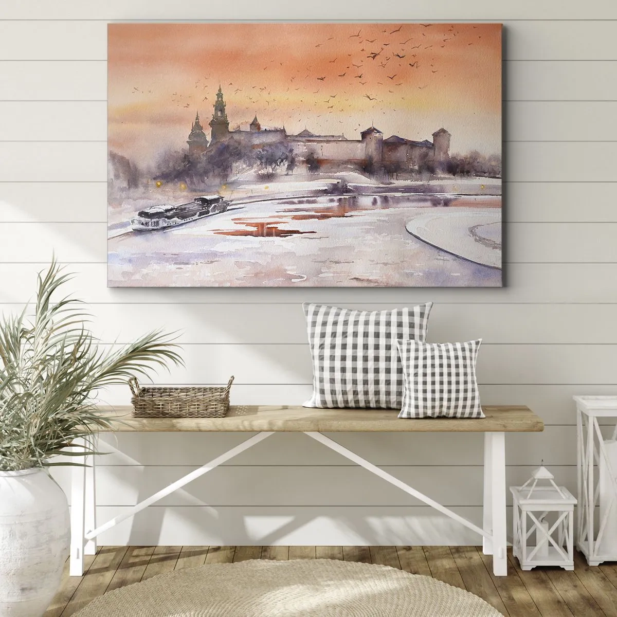 Vászonkép - Naplemente a kastély felett téli tájban - 70x50cm - Királyi naplemente - Modern fali dekoráció nappalihoz és hálószobához ARTTOR