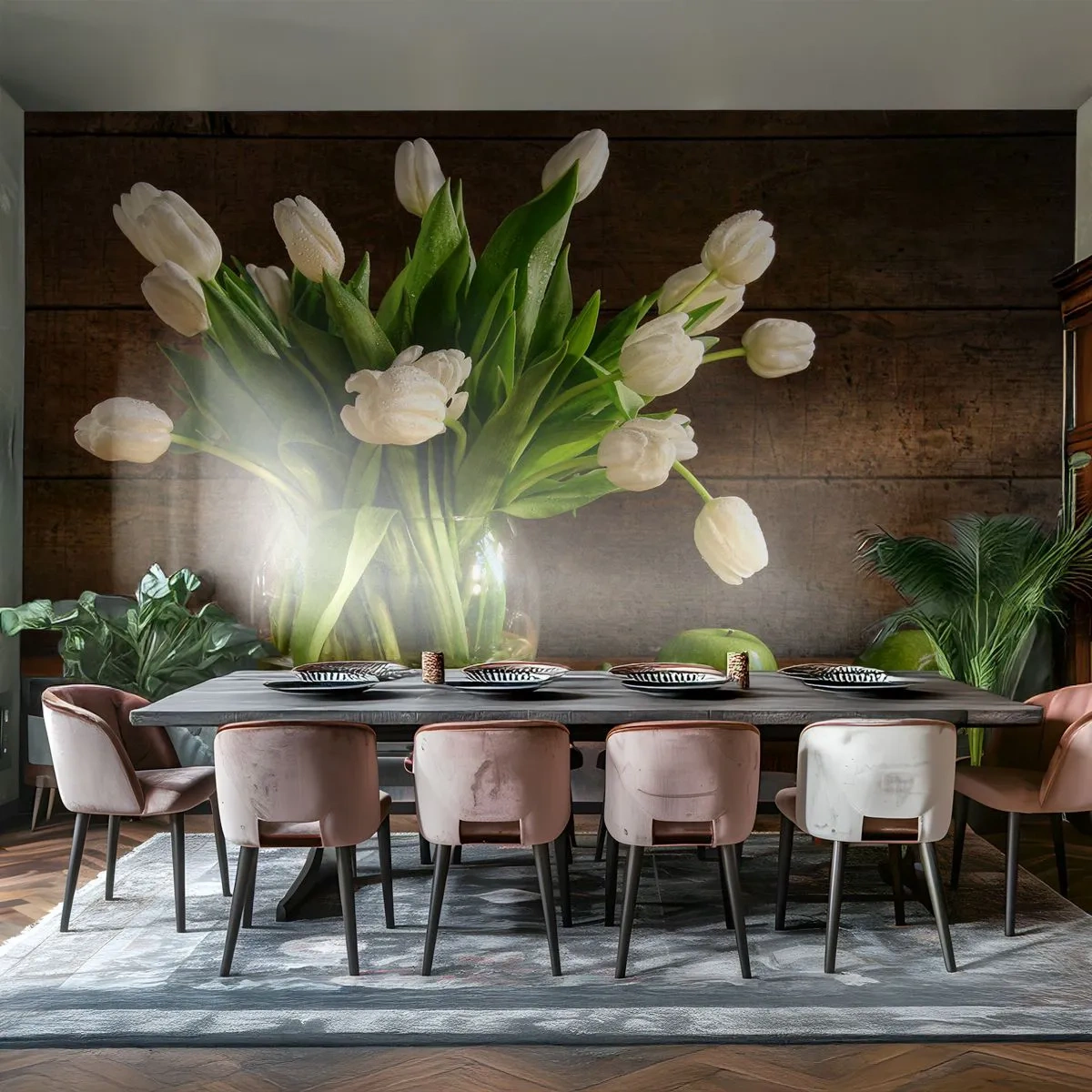 Fotótapéta Standard Eco - Zamatos és friss zöldben és fehérben - Virágok, Tulipánok, Csokor virág - 200x140 cm