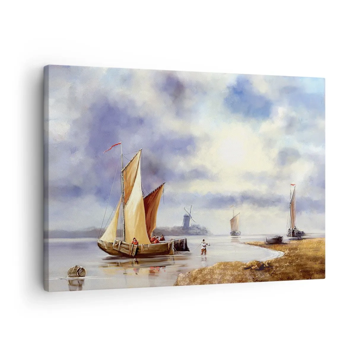 Vászonkép - Vitorlások nyugodt vízen, szélmalmokkal a háttérben - 70x50cm - A tengerészek visszatérése - Modern fali dekoráció nappalihoz és hálószobához ARTTOR