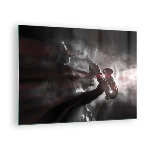 Üveg kép - Szaxofonos fekete-fehér füstködben - 70x50cm - A jazz párolgásban - Modern fali dekoráció nappalihoz és hálószobához ARTTOR