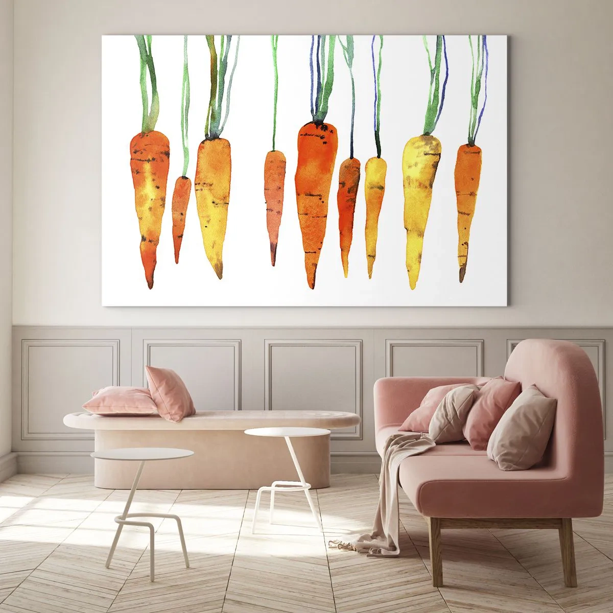 Üveg kép - Akvarell sárgarépa különböző narancssárga árnyalatokban, zöld szárral - 70x50cm - A hétköznapok szépsége - Modern fali dekoráció nappalihoz és hálószobához ARTTOR