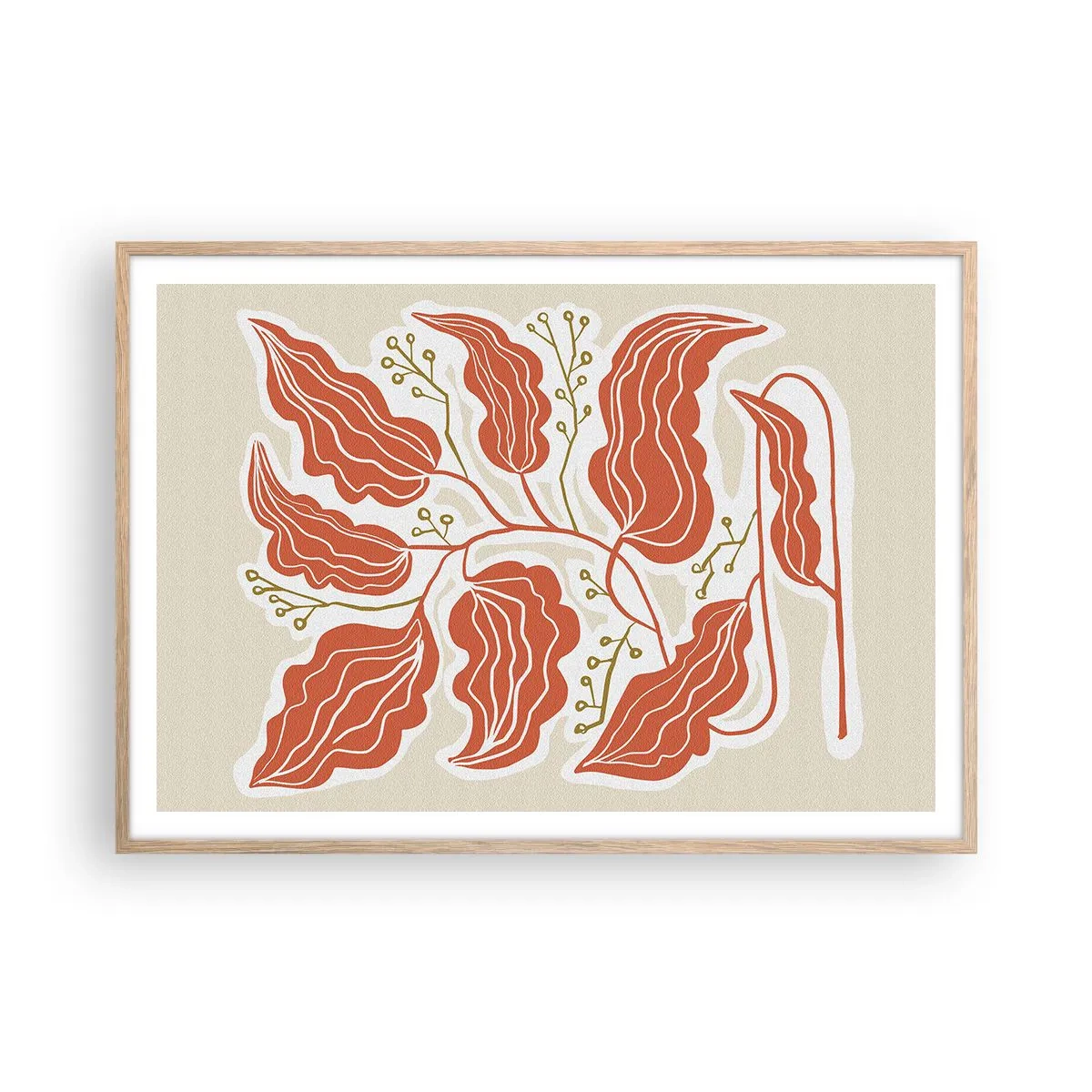 Poszter világos tölgy keretben - Népi és korall - 100x70 cm