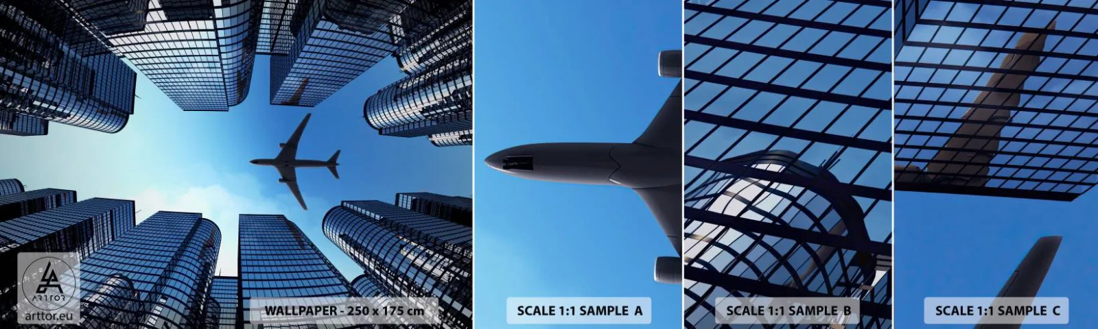Fotótapéta Minta Öntapadós Deluxe Sticker - Kilátás az üveg szurdokból - Építészet, Repülőgép, Város - 100x30 cm
