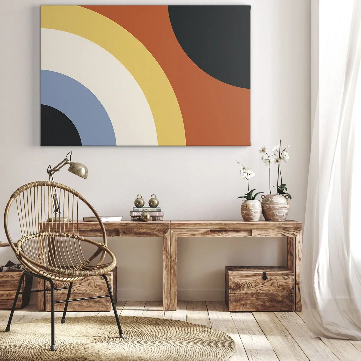 Vászonkép - Absztrakt műalkotás színes ívekkel és kontrasztos körökkel - 70x50cm - Magam felé - Modern fali dekoráció nappalihoz és hálószobához ARTTOR