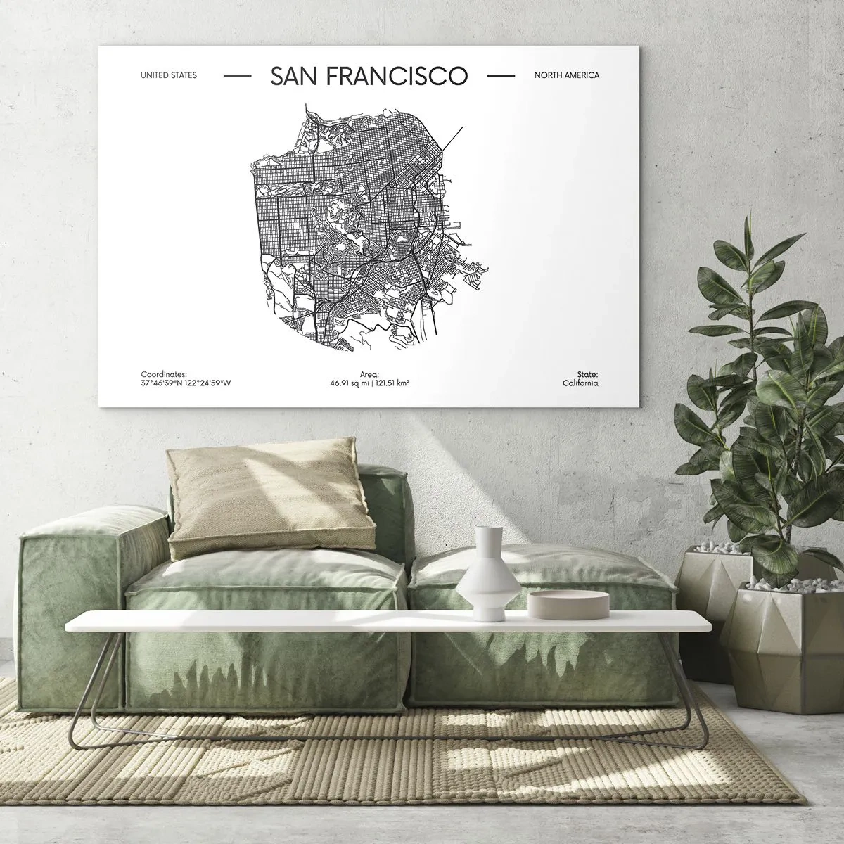 Üveg kép - San Francisco minimalista utcatérképe - 70x50cm - San Francisco anatómiája - Modern fali dekoráció nappalihoz és hálószobához ARTTOR