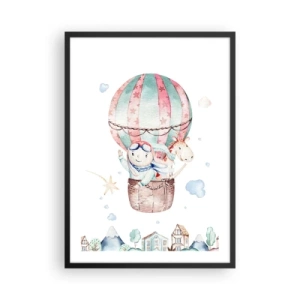 Poszter fehér keretben - Egy aranyos illusztráció egy plüssmackóról, aki léggömbben repül egy város felett - 50x70cm - Nemsokára visszajövünk! - Modern fali dekoráció nappalihoz és hálószobához ARTTOR