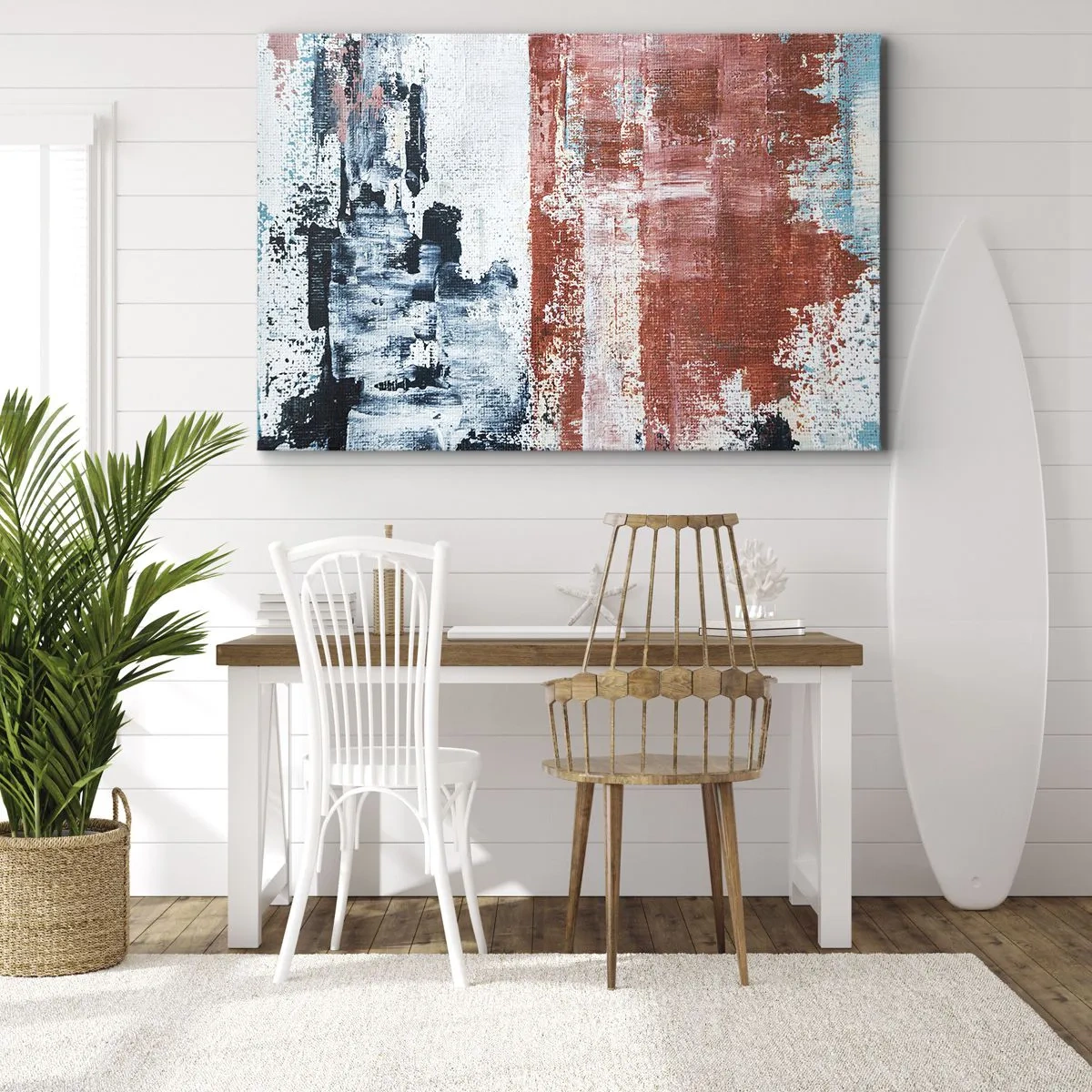 Vászonkép - Absztrakció fehér, kék és tégla színekben - 70x50cm - Fele-fele absztrakt - Modern fali dekoráció nappalihoz és hálószobához ARTTOR