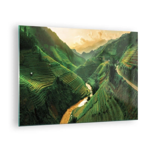 Üveg kép - Festői rizsteraszok a völgyben naplementekor - 70x50cm - Vietnámi völgy - Modern fali dekoráció nappalihoz és hálószobához ARTTOR