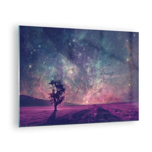 Üveg kép - Egy fa a csillagos ég és a galaxis hátterében - 70x50cm - Varázslatos ég alatt - Modern fali dekoráció nappalihoz és hálószobához ARTTOR