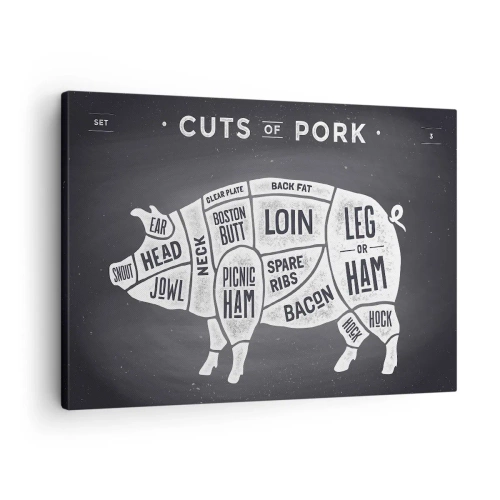 Vászonkép - Sertéshúsdarabok diagramja fekete háttéren - 70x50cm - Mészáros ábécéskönyve - Modern fali dekoráció nappalihoz és hálószobához ARTTOR