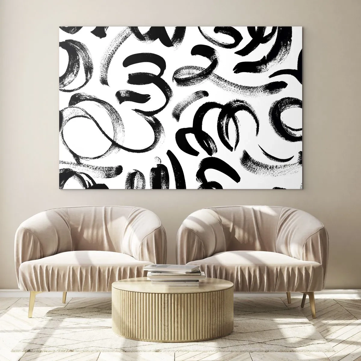 Üveg kép - Fekete-fehér absztrakt ecsetvonások - 70x50cm - Feketén-fehéren - Modern fali dekoráció nappalihoz és hálószobához ARTTOR
