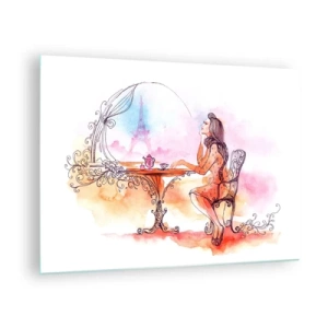 Üveg kép - Egy nő egy asztalnál, kilátással az Eiffel-toronyra pasztelltónusokban - 70x50cm - Párizsi sikk - Modern fali dekoráció nappalihoz és hálószobához ARTTOR