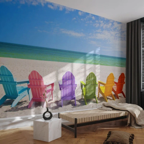 Fotótapéta Standard Eco - Szivárványos strand - Tájkép, Strand, Nyugágyak - 400x280 cm