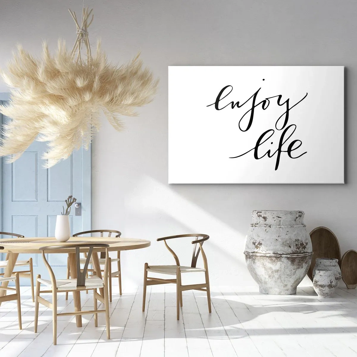 Vászonkép - Az „élvezze az életet” idézet fekete kalligráfiával fehér alapon - 70x50cm - Se több… - Modern fali dekoráció nappalihoz és hálószobához ARTTOR