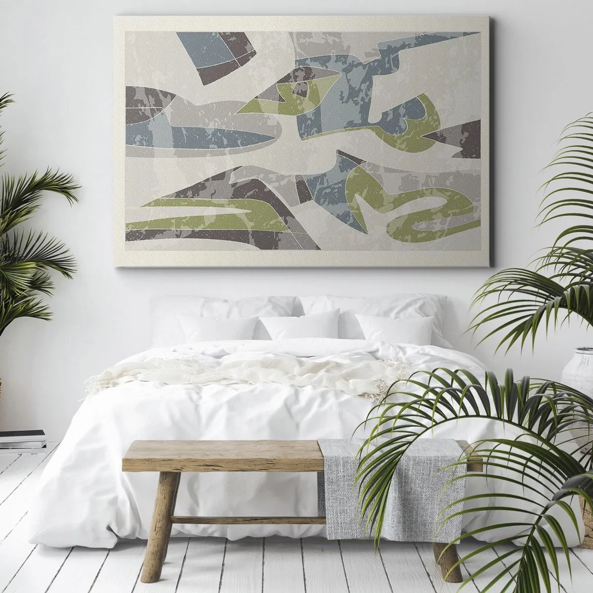 Vászonkép - Zöld és kék absztrakt formák világos háttér előtt - 70x50cm - Kompozíció üveg mögött - Modern fali dekoráció nappalihoz és hálószobához ARTTOR
