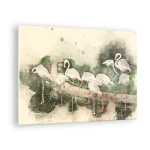 Üveg kép - Flamingók egy akvarell kompozíció hátterében - 70x50cm - Egzotikus álom - Modern fali dekoráció nappalihoz és hálószobához ARTTOR