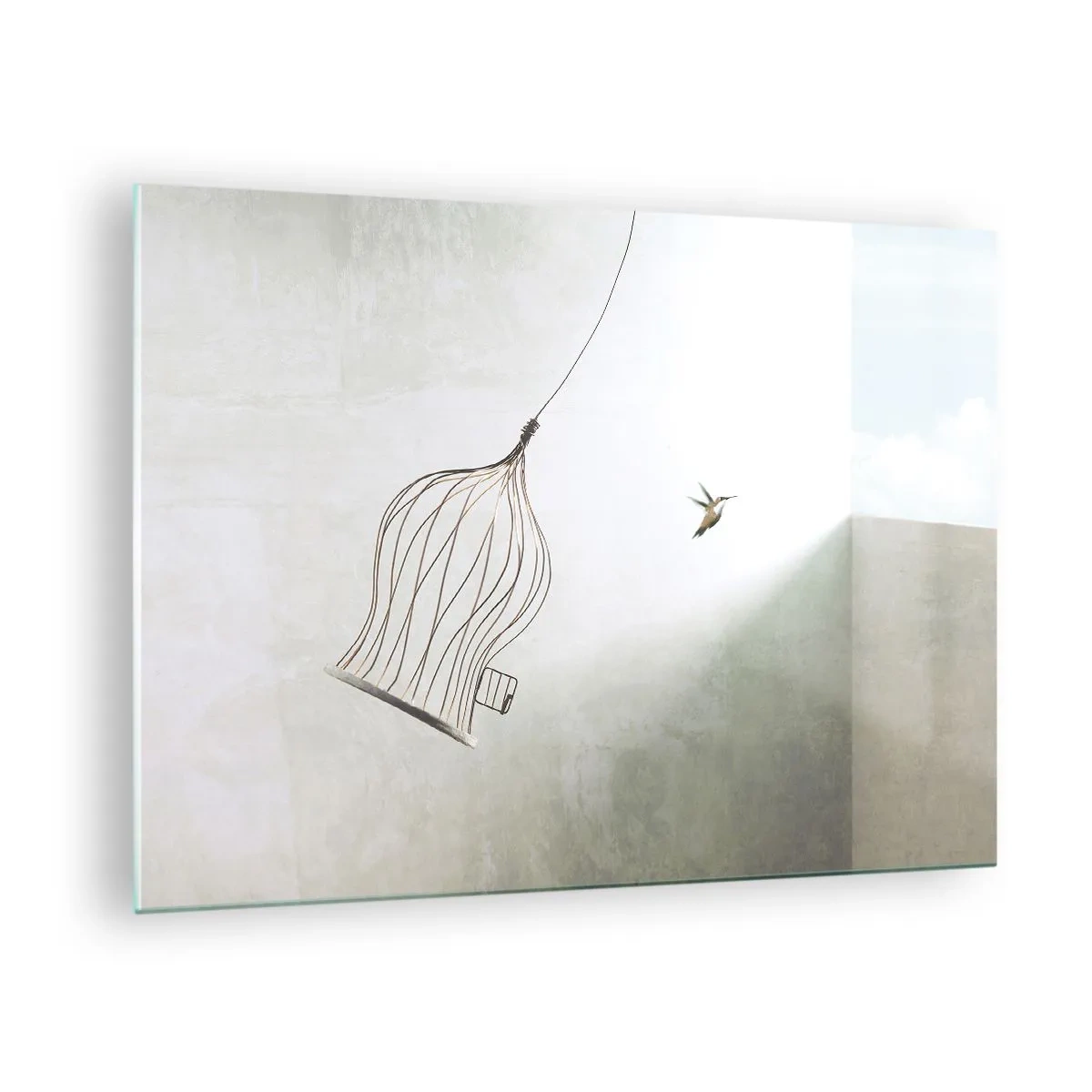 Üveg kép - Egy nyitott kalitka és egy kolibri repül el nappal - 70x50cm - Az elememen - Modern fali dekoráció nappalihoz és hálószobához ARTTOR