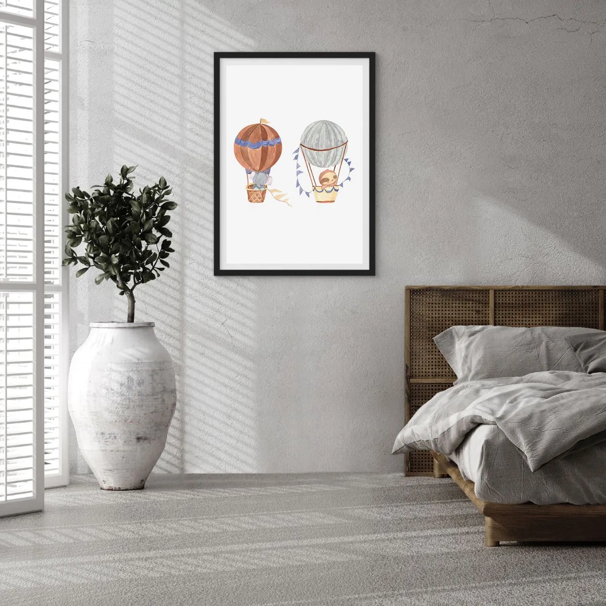 Poszter fehér keretben - Aranyos állatok lufikban, fehér alapon, akvarell stílusban - 50x70cm - Barátok egy utazáson - Modern fali dekoráció nappalihoz és hálószobához ARTTOR