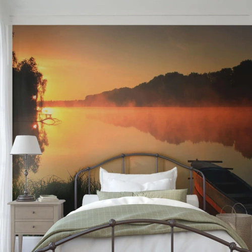 Fotótapéta Premium Sand - Napkelte a víz felett, mint egy tükör - Tájkép, Tó, Reggel - 250x175 cm