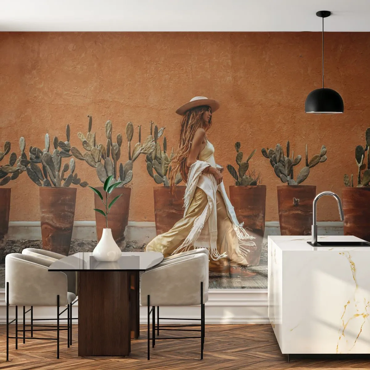 Fotótapéta Premium Sand - Hippi stílusban - Boho, Nő, kaktuszok - 250x175 cm