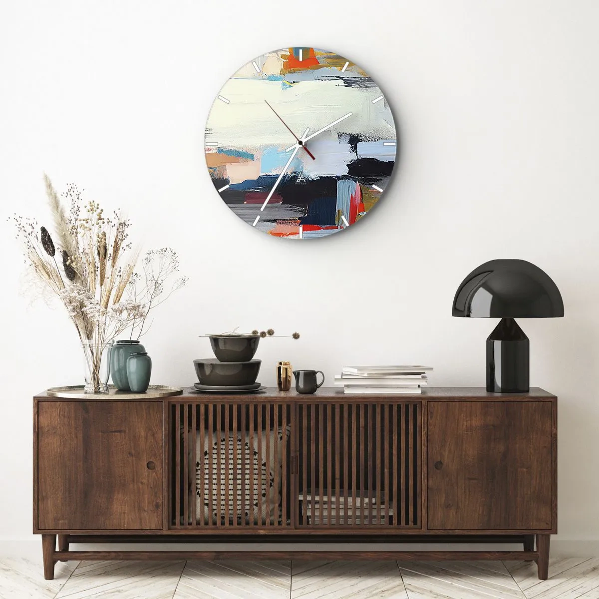 Falióra, Óra - Színes foltok és geometrikus csíkok absztrakt kompozíciója. - 30x30cm - Van rá módszer? - Modern fali dekoráció nappalihoz, konyhához és hálószobához ARTTOR