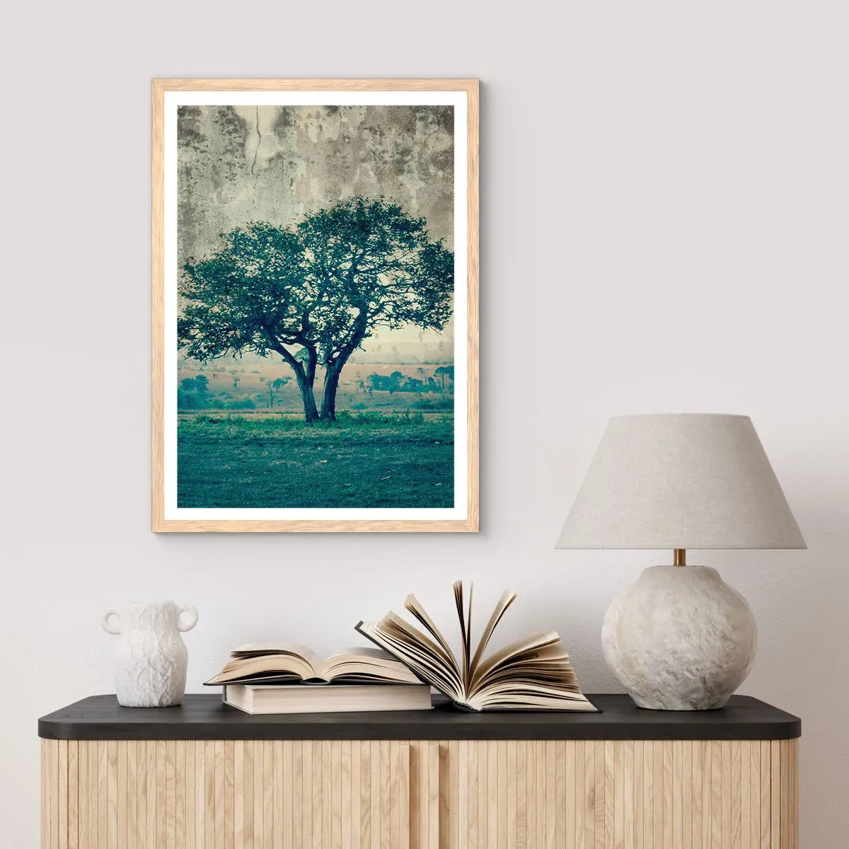 Poszter világos tölgy keretben - Almafa a kék mezőn? - 40x50 cm