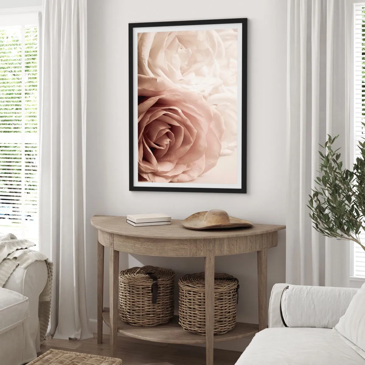 Poszter fehér keretben - Finom krémszínű rózsák közelről - 50x70cm - Egy rózsa szívében - Modern fali dekoráció nappalihoz és hálószobához ARTTOR