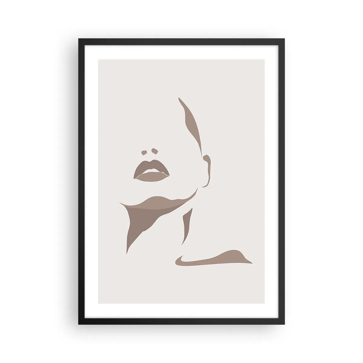 Poszter fehér keretben - Minimalista arcportré bézs és barna árnyalatokban. - 50x70cm -  Fényből és árnyékból létrehozott - Modern fali dekoráció nappalihoz és hálószobához ARTTOR