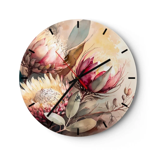 Falióra, Óra - Művészi protea virágok világos háttér előtt - 30x30cm - Profilból és en face - Modern fali dekoráció nappalihoz, konyhához és hálószobához ARTTOR