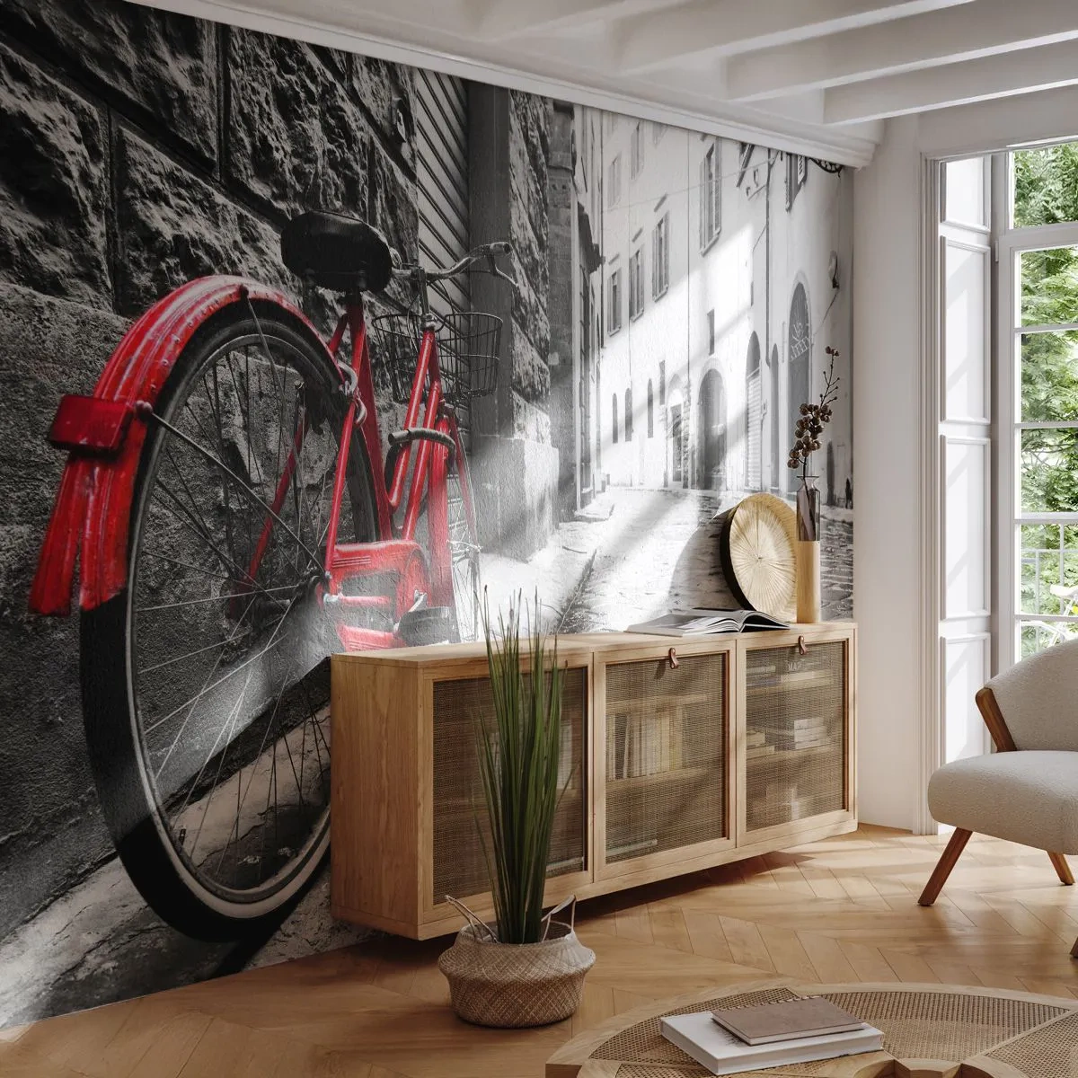 Fotótapéta Standard Eco - Egy piros bicikli egy macskaköves városi utcán - 100x70cm - Az igazi gyönyör nem öregszik - Modern fali dekoráció nappalihoz és hálószobához ARTTOR