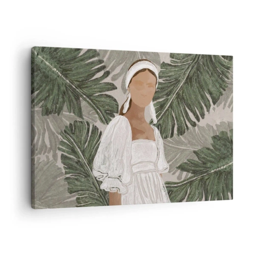 Vászonkép - Portré egy fehér ruhás nőről monstera levelek hátterében - 70x50cm - Egzotikus portré - Modern fali dekoráció nappalihoz és hálószobához ARTTOR