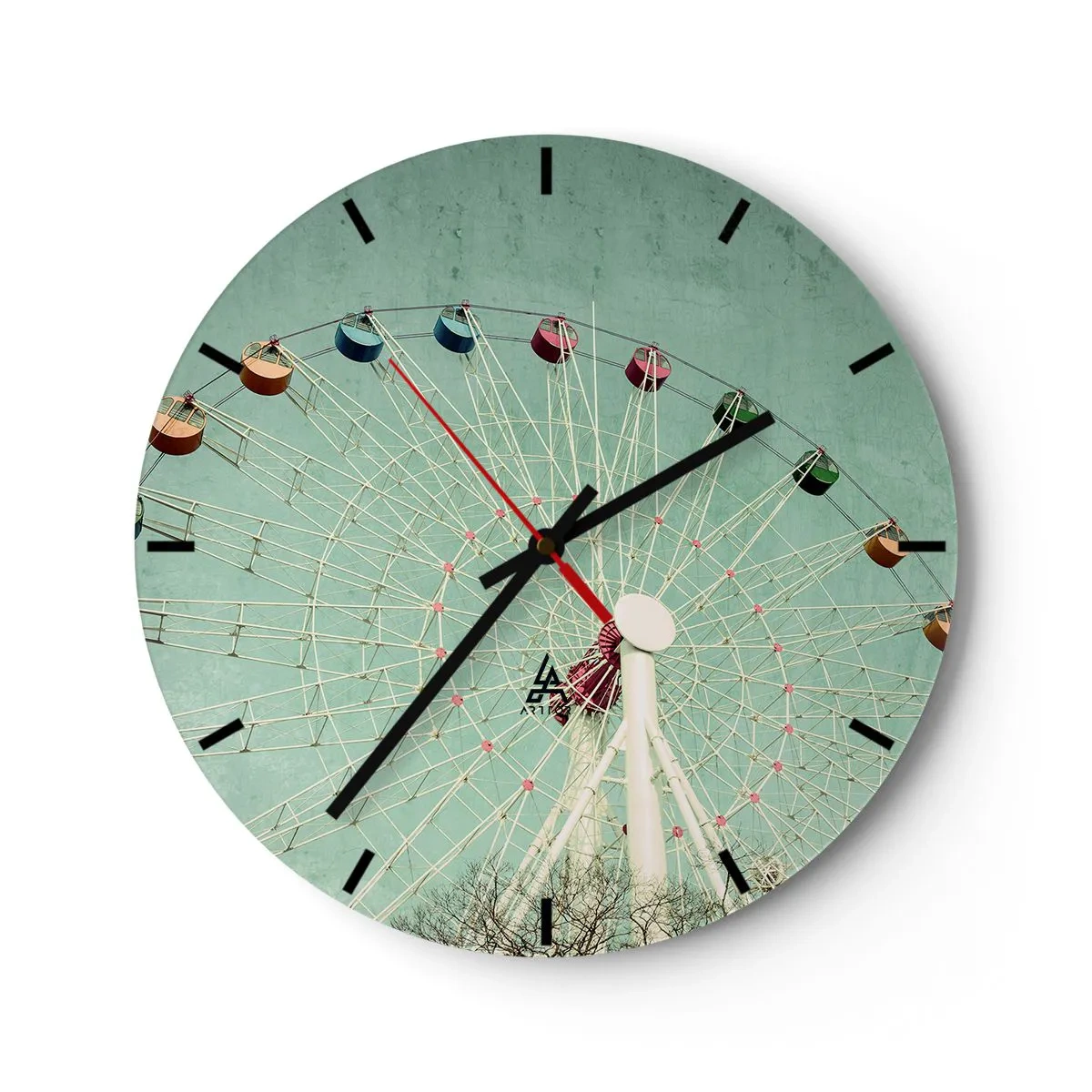 Falióra, Óra - Egy színes óriáskerék türkiz alapon - 30x30cm - Gyere játszani - Modern fali dekoráció nappalihoz, konyhához és hálószobához ARTTOR