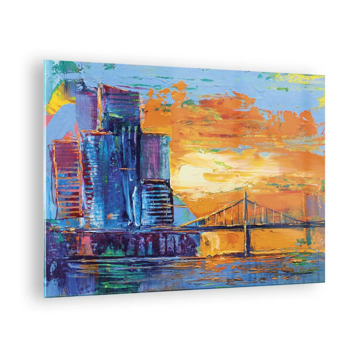 Üveg kép - A színes város és híd a lenyugvó nap fényében - 70x50cm - Kultúra és természet - Modern fali dekoráció nappalihoz és hálószobához ARTTOR