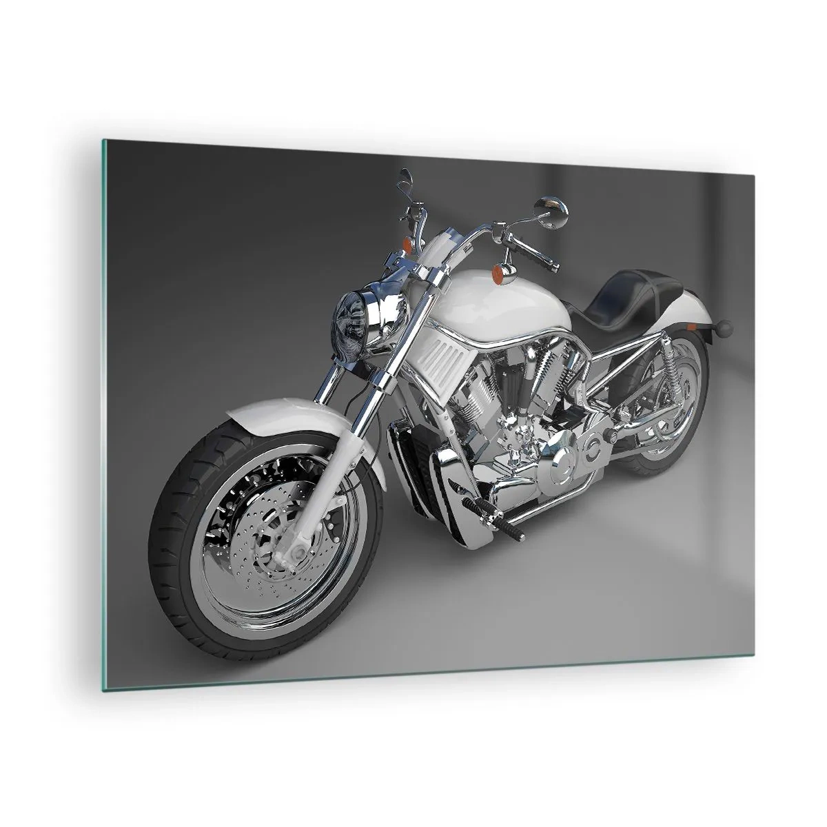 Üveg kép - Egy stílusos motorkerékpár modern csavarral ellátott szürke háttéren - 70x50cm - Térdre kényszerít - Modern fali dekoráció nappalihoz és hálószobához ARTTOR