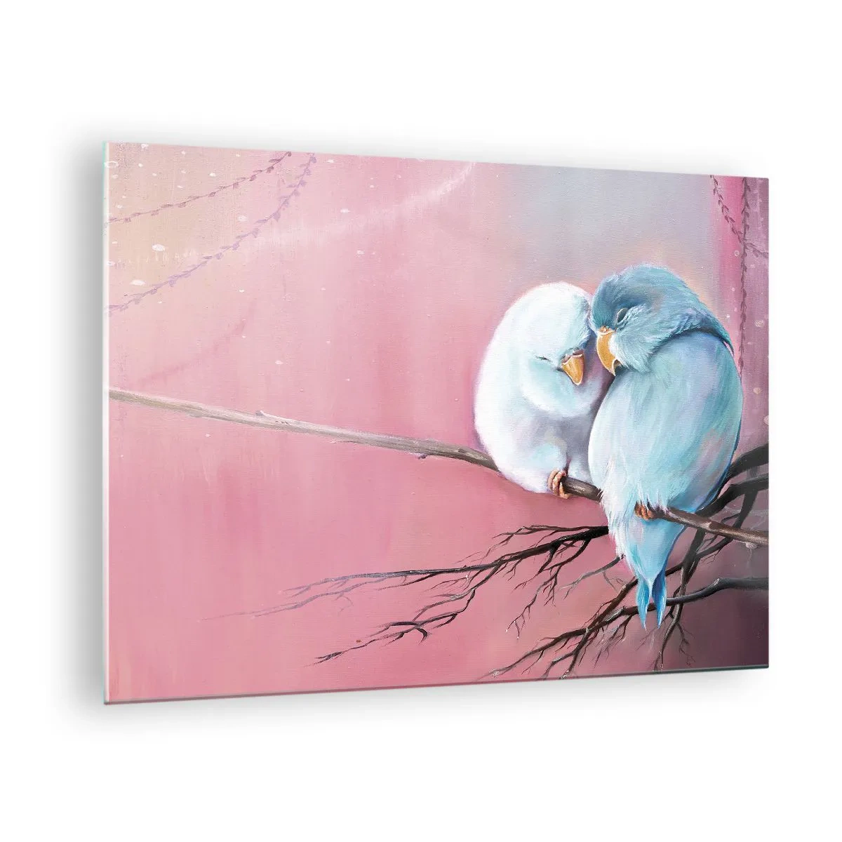 Üveg kép - Két szerelmespár ül egy ágon rózsaszín háttér előtt - 70x50cm - Mit tehetnénk hozzá?... - Modern fali dekoráció nappalihoz és hálószobához ARTTOR