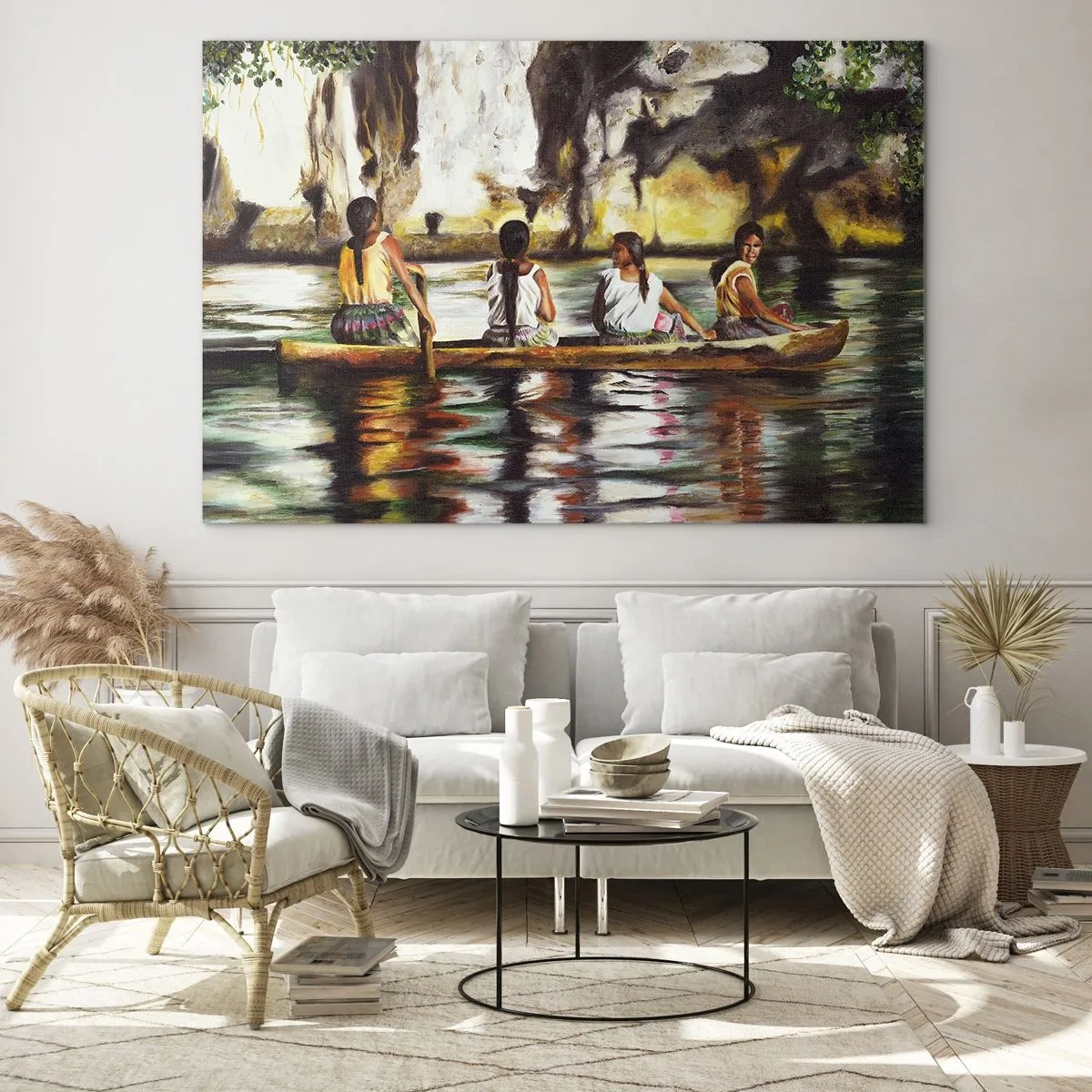 Üveg kép - Nők egy csónakban, festői sziklák és víz hátterében - 70x50cm - Egy polinéz paradicsomban - Modern fali dekoráció nappalihoz és hálószobához ARTTOR