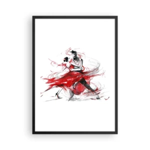 Poszter fehér keretben - Egy pár tangót táncol dinamikus piros díszítéssel - 50x70cm - Tango - a szenvedély ritmusa - Modern fali dekoráció nappalihoz és hálószobához ARTTOR