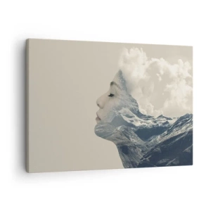 Vászonkép - Egy nő sziluettje hegyi tájjal a háttérben - 70x50cm - Az elemek szépsége - Modern fali dekoráció nappalihoz és hálószobához ARTTOR