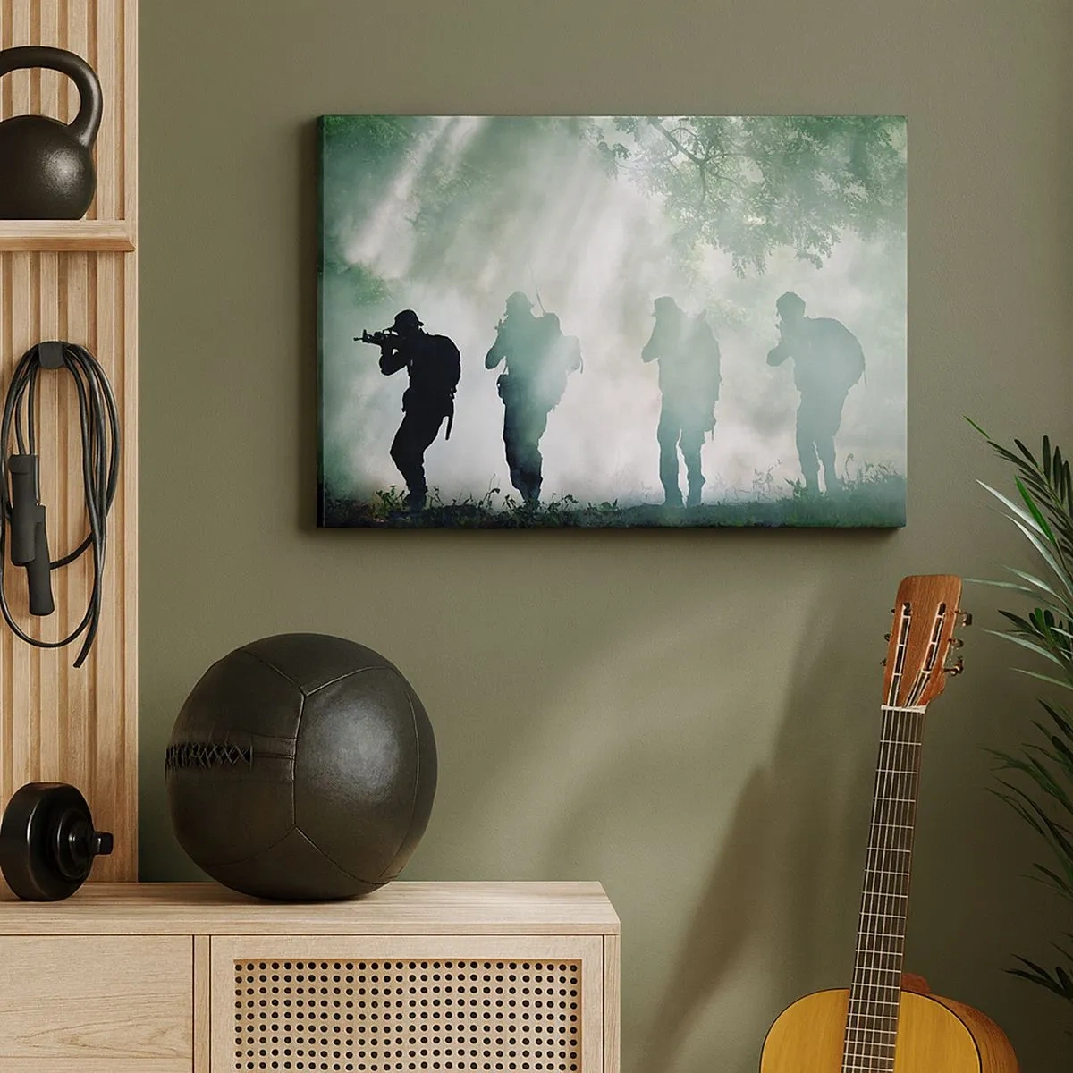 Vászonkép - Katonák sziluettjei egy köddel körülvett erdőben - 70x50cm - Egy mindenkiért… - Modern fali dekoráció nappalihoz és hálószobához ARTTOR