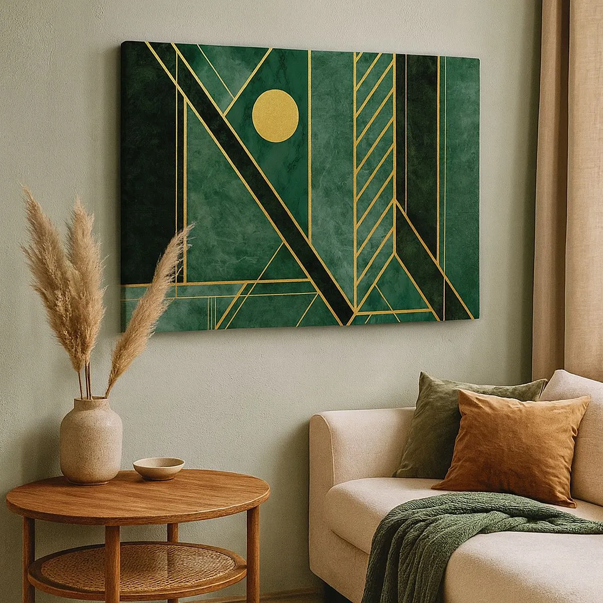 Vászonkép - Zöld és arany geometrikus minta elegáns mintával - 70x50cm - Az arany és azúrkék dinamikája - Modern fali dekoráció nappalihoz és hálószobához ARTTOR
