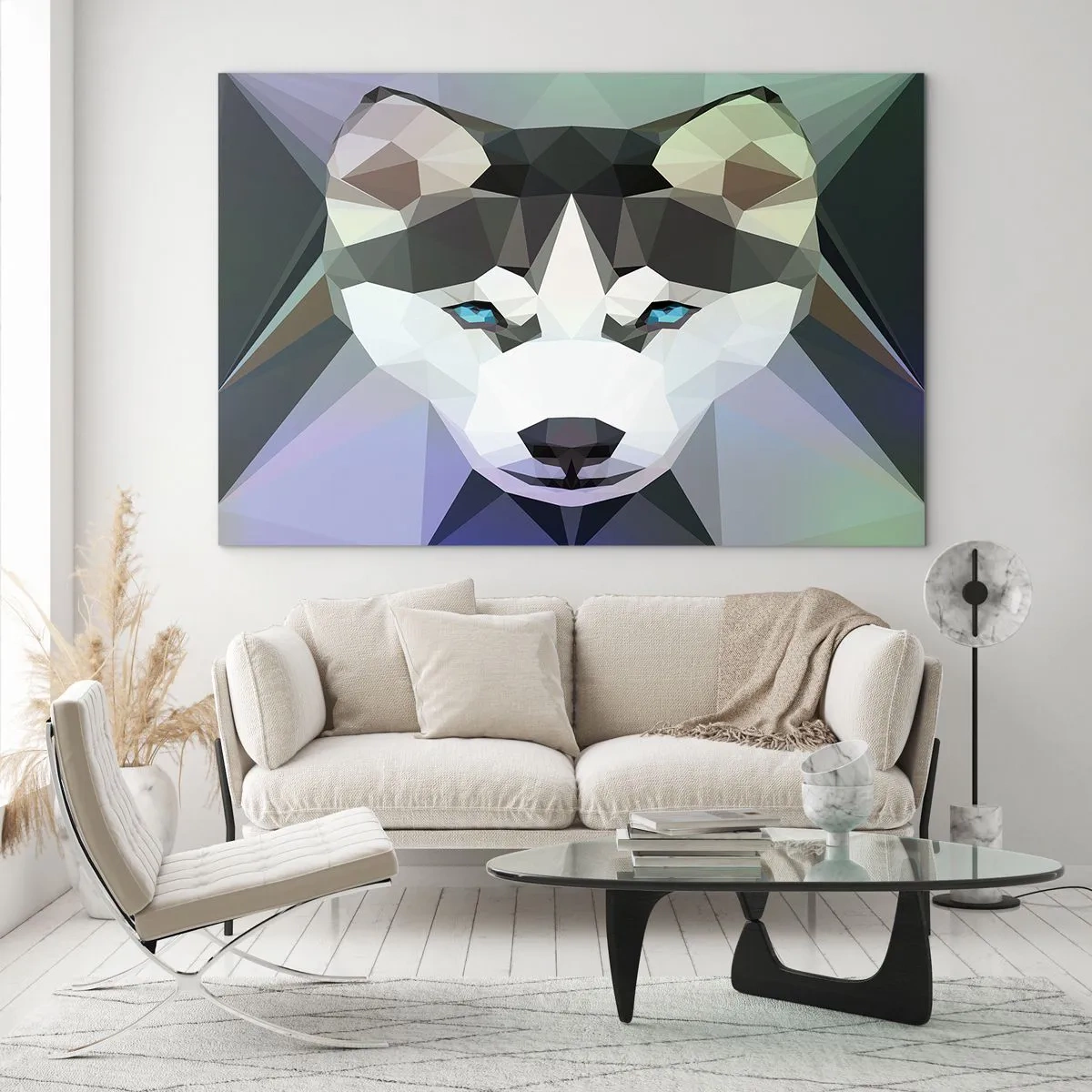 Üveg kép - Farkas geometria modern stílusban - 70x50cm - Az északi havas emléke - Modern fali dekoráció nappalihoz és hálószobához ARTTOR