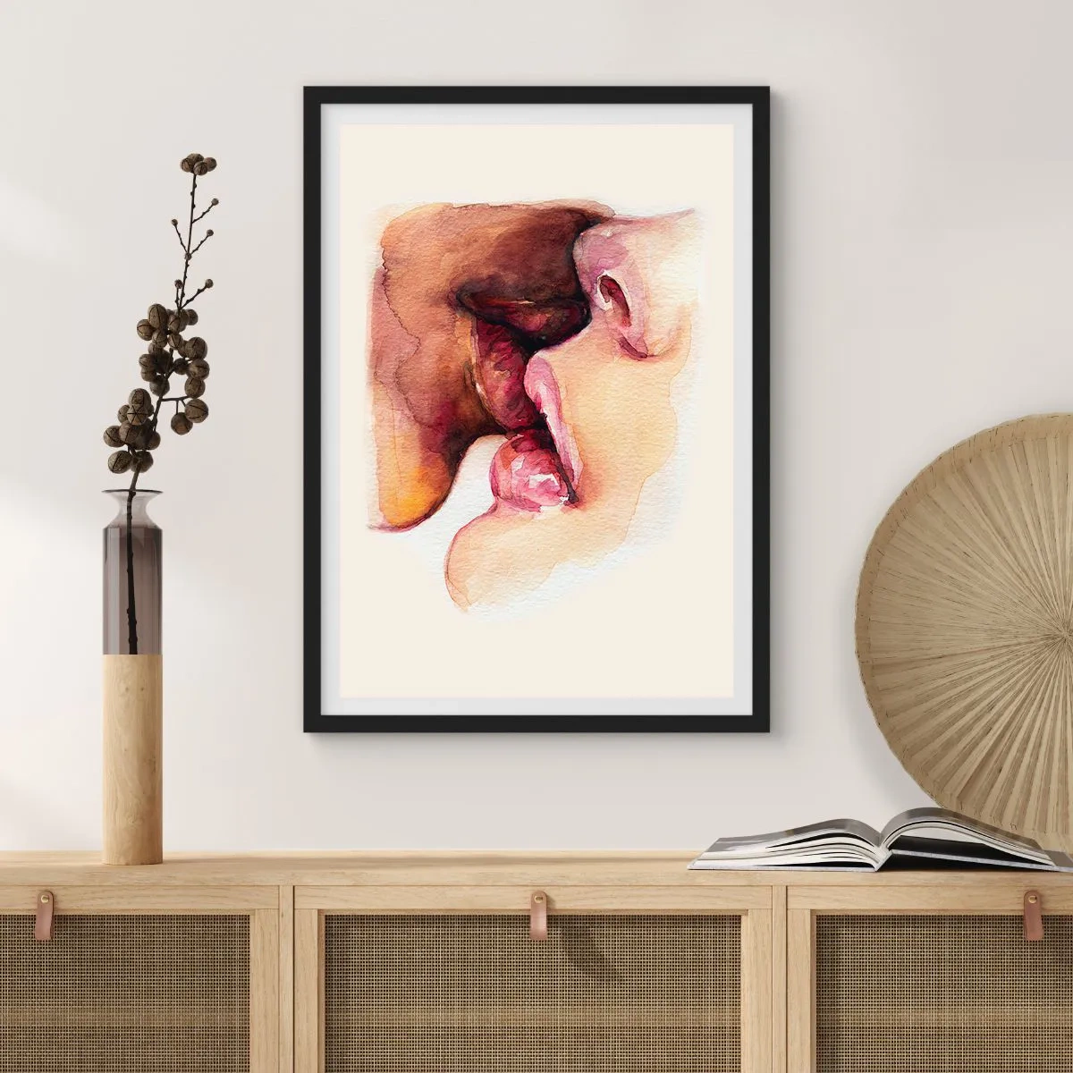Poszter fehér keretben - Akvarell ajkak egy intim csókban világos háttér előtt - 50x70cm - Mint éjszaka és nap, föld és ég - Modern fali dekoráció nappalihoz és hálószobához ARTTOR