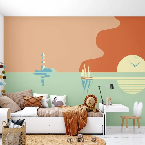 Fotótapéta Premium Sand - Tökéletes tengeri tájkép - Absztrakció, Vitorlás hajó, Lámpa - 300x210 cm