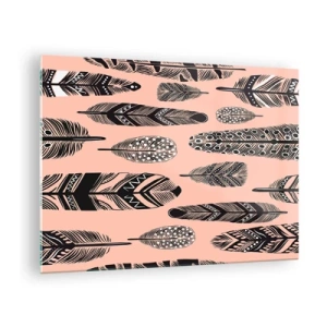 Üveg kép - Dekoratív tollak fekete-fehér mintákkal rózsaszín alapon - 70x50cm - Indiai gyűjtemény - Modern fali dekoráció nappalihoz és hálószobához ARTTOR